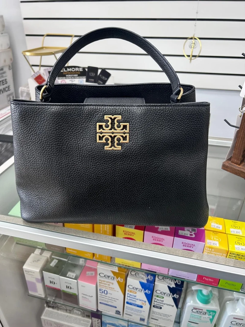 Tory Burch Black Pebbled Leather Satchel with Gold Logo